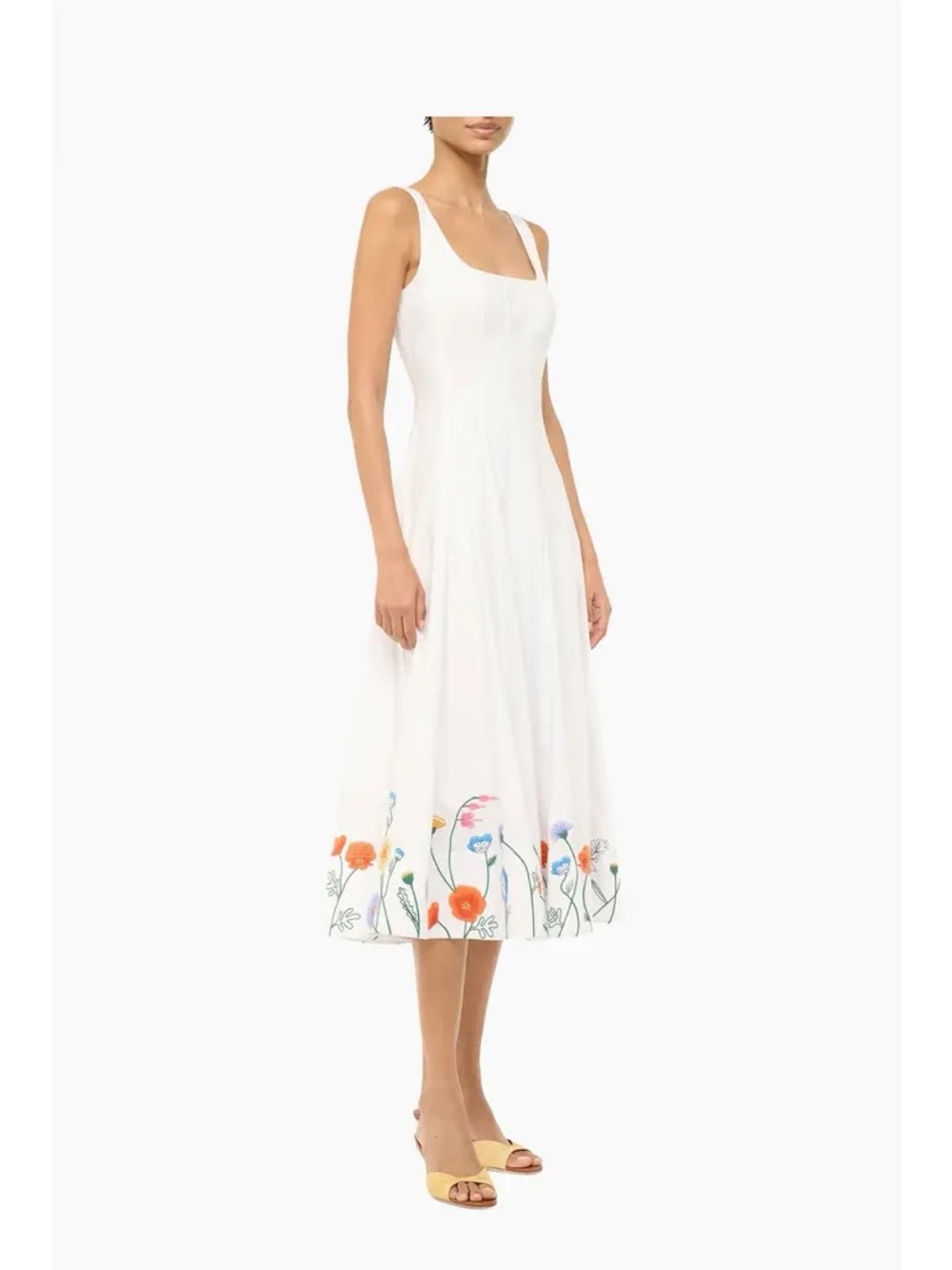 STAUD Wells Cotton Poplin A-Line Dress, White w/ Floral Embroidered
Hem